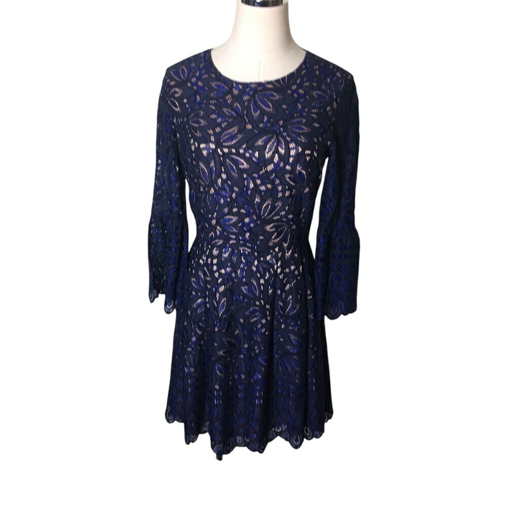 Eliza J Mini Dress Women's Size 6 Blue Floral Lace Long Sleeve